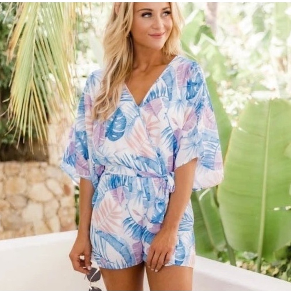 Pink Lilly Boutique, Tropical Leaf Print Romper with waist tie